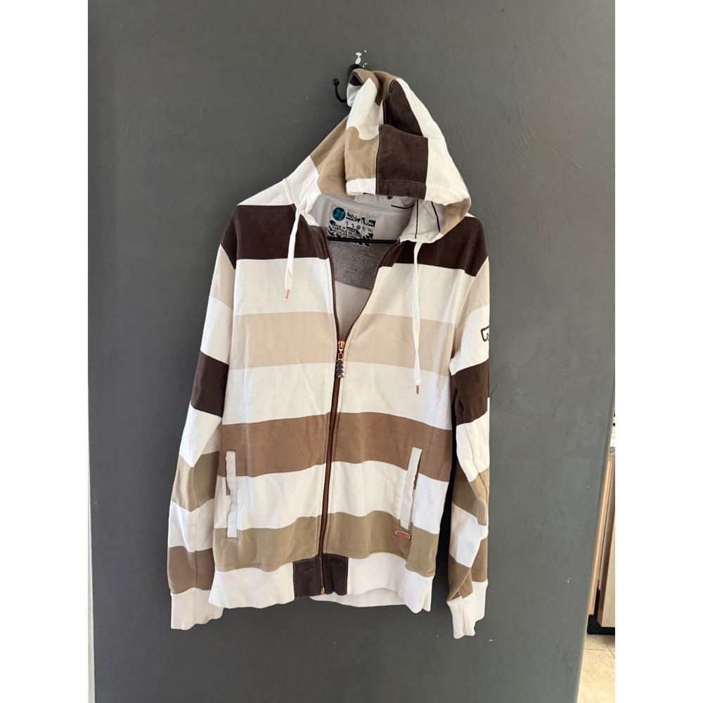 Quiksilver Y2k Mens Striped Full Zip Hoodie Brown‎ Skater Grunge Cotton Medium